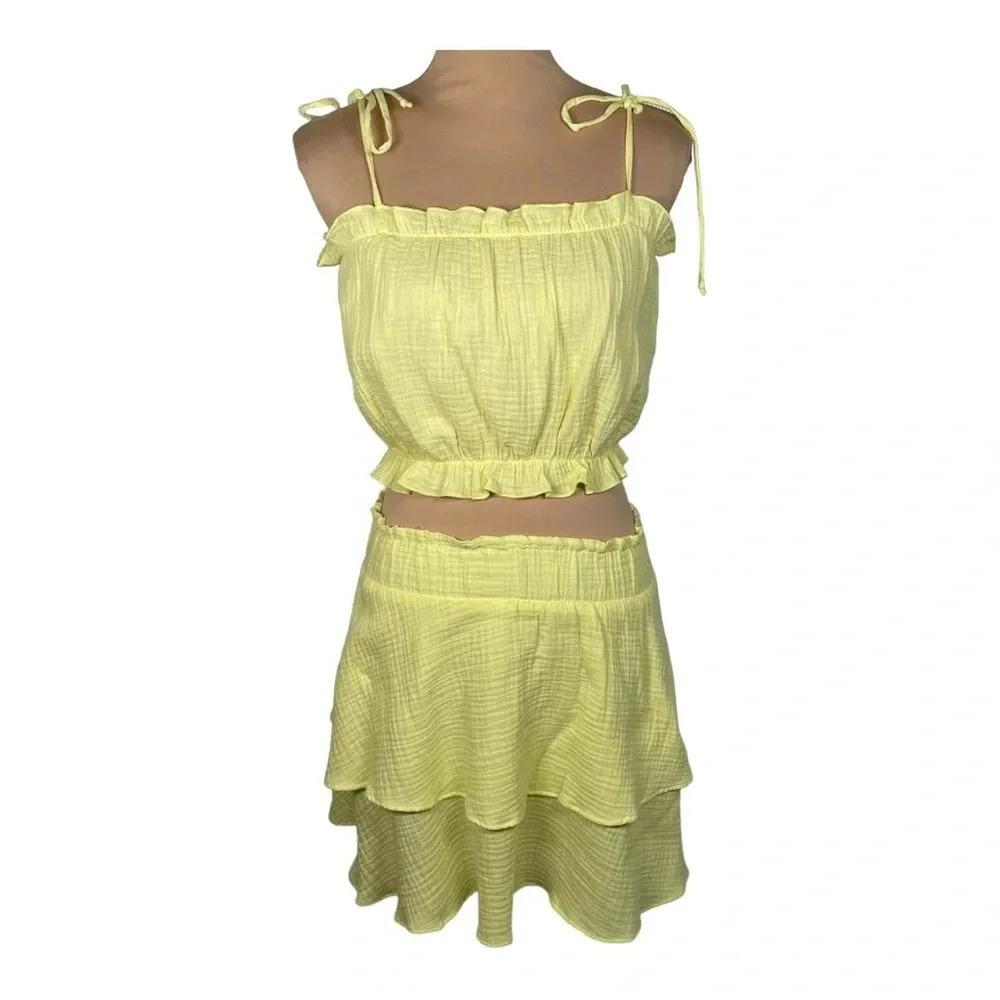 Show Me Your Mumu Lemon Color Set Crop Top And Skirt New With Tags Sz Small